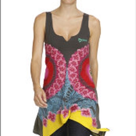 Desigual Greenish Gray Multicolor Design Sleeveless Tunic Mini Dress - Picture 3 of 11